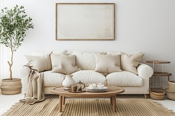 Elegant minimalist living room with a comfortable sofa and natural decor, perfect for interior design and real estate
