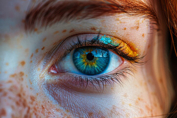 Close-Up of Sparkling Blue Eye with Golden Eyeshadow and Freckles
