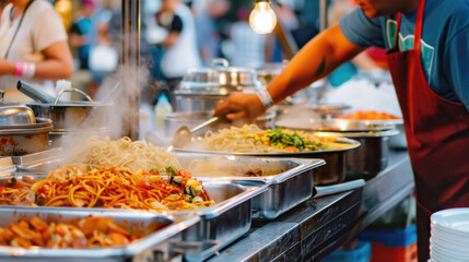 A man is busy preparing food in a restaurant kitchen, surrounded by various ingredients, utensils, and equipment