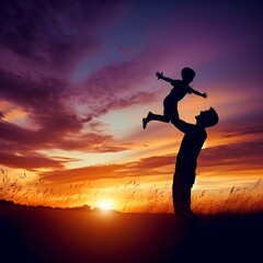 silhouette of a boy with father, child enjoy with father