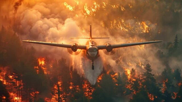 A propeller plane is seen spraying water over a forest, depicting aerial firefighting efforts to combat wildfires.
