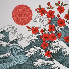 Red Blossoms: Graphic Patterns of Flowers and Waves on a Japanese Background