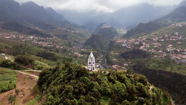 Aerial view of Clock Tower Of Chapel of Our Lady of Fatima on Madeira island, Portugal