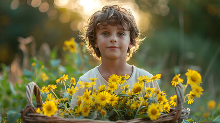 young boy in a yellow flower field