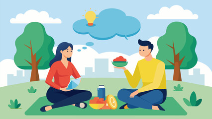 A man and woman sitting in a park enjoying a picnic while they discuss their longterm financial plans and dreams.