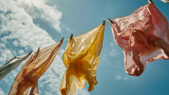Colorful and varied cloths swaying gracefully on a clothesline in the breeze, drying under the sun