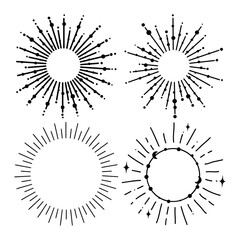 Sunburst vintage explosion. Hand drawn vector Design, magical Element. Fireworks collection. Bohemian sunrays linear icons and symbols for decoration
