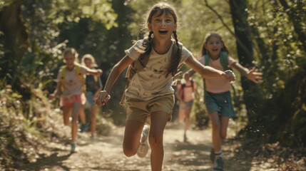Fototapeta premium A group of children excitedly running down a dusty rural road