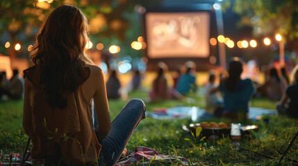 A woman is seated in the grass, engrossed in watching a movie on a screen in front of her