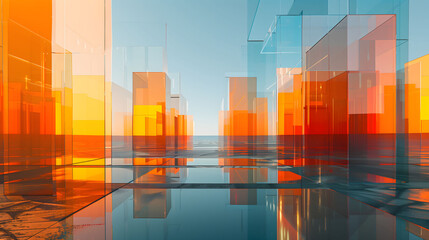 Abstract background of square hanging with many rectangular glass panels with colorful gradient colors against blue sky.