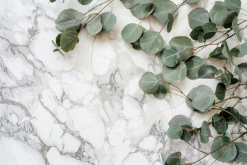 Eucalyptus Branches Over Marble Surface  Nature Meets Luxury