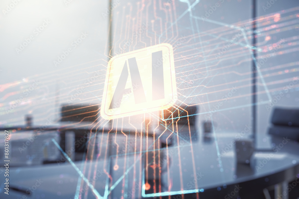 Aufkleber double exposure of creative artificial intelligence icon on a modern meeting room background. neural