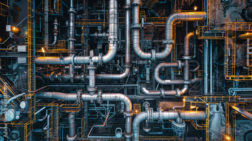 Poster a multitude of industrial pipelines and valves intricately weave through a building, creating a stun