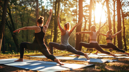 A group of individuals performing various yoga poses surrounded by trees in a forest setting