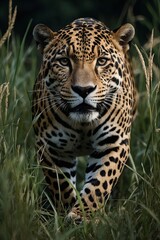 Obraz premium a majestic leopard in high grass, natural habitat, stock photo, background image, wallpaper