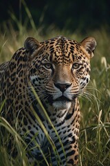 Obraz premium a majestic leopard in high grass, natural habitat, stock photo, background image, wallpaper
