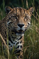 Obraz premium a majestic leopard in high grass, natural habitat, stock photo, background image, wallpaper
