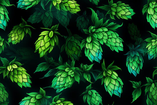 Fototapeta Seamless green hops and malt floral pattern, botany and brewing themes