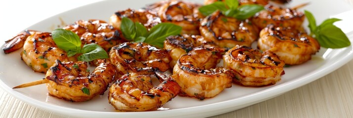 Succulent grilled shrimp tastefully arranged on a stylish and elegant white plate