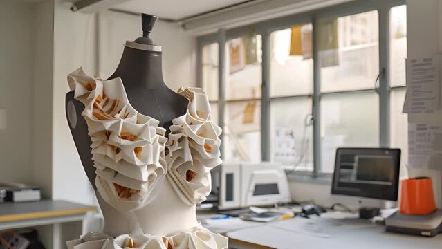 A fashion design workshop showcasing a mannequin adorned with a 3D-printed garment, set in a studio with computers and design tools