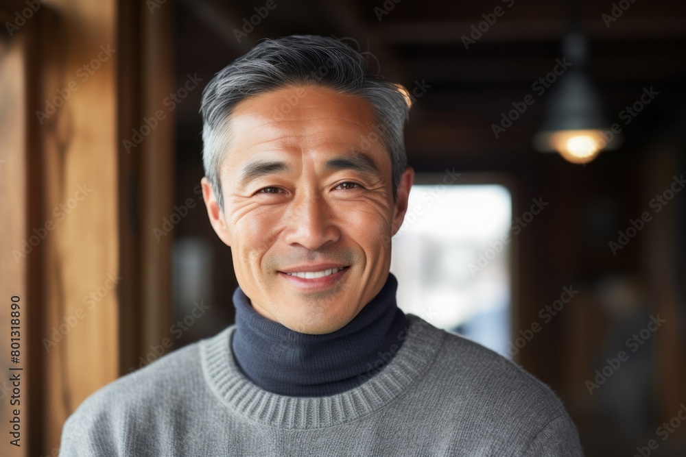 Wall mural Portrait of a cheerful asian man in his 50s wearing a classic turtleneck sweater while standing against rustic wooden wall - Wall murals