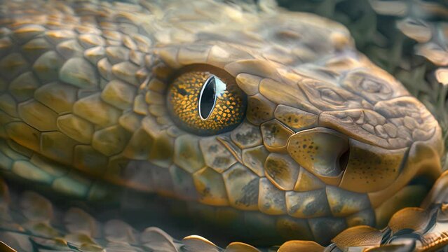 A snake with a yellow eye and brown scales. The snake is curled up and resting on the ground