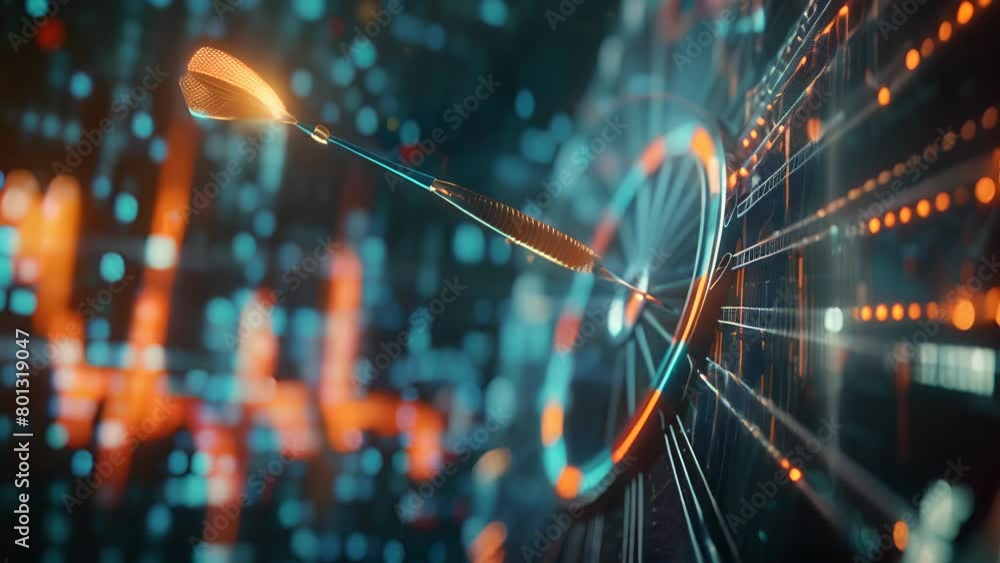 Poster dart hitting bullseye in a dynamic close-up, surrounded by digital graphs and glowing success metric
