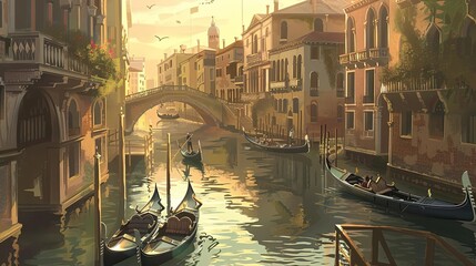 venetian canal with gondolas and buildings in the background - obrazy, fototapety, plakaty