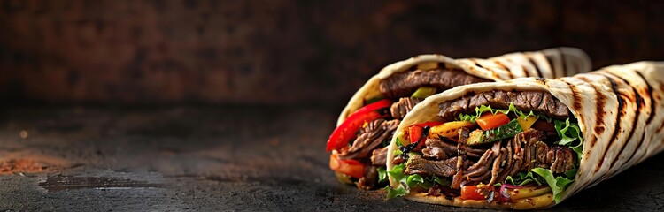 Gyros, shawarma wrapped in pita breads on black background. Take away street food. Two fresh sandwich rolls, burritos. Doner kebab, lettuce, tomatos, spice. Tortillas filling of vegetables, beef meat.