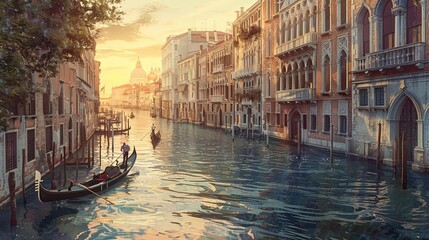 venetian canal with gondola and buildings in the background - obrazy, fototapety, plakaty