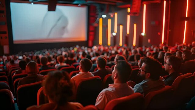 A movie theater with a large crowd of people watching a movie. The theater is red and the people are sitting in red chairs