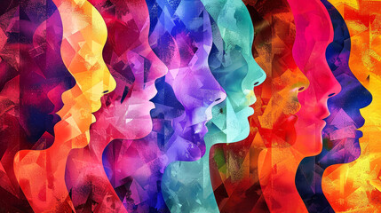 Silhouettes of various womens faces in a vibrant array of colors