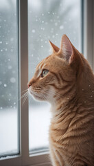 Red Tabby Cat Gazing Out Snowy Window