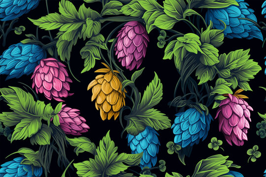 Vibrant seamless floral pattern with hops and malt, perfect for brewing themes.