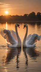 Romantic Swan Silhouettes at Sunset on Lake