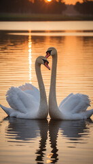 Romantic Swan Silhouettes at Sunset on Lake