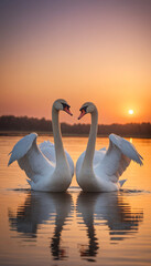 Romantic Swan Silhouettes at Sunset on Lake