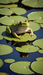 Green Frog on Water Lily in Pond
