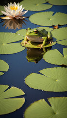 Green Frog on Water Lily in Pond