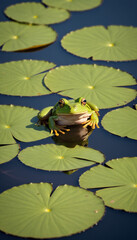 Green Frog on Water Lily in Pond