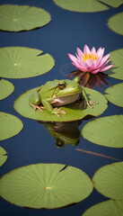 Green Frog on Water Lily in Pond