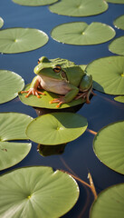 Green Frog on Water Lily in Pond