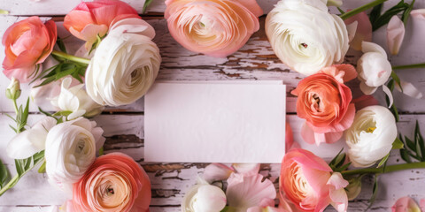 Elegant Floral Composition with Blank Card and Pastel Ranunculus