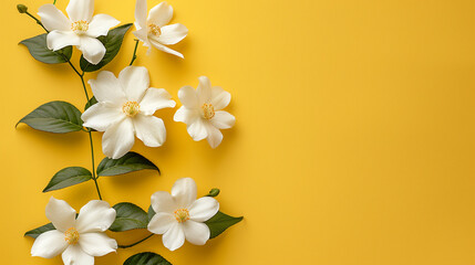 Elegant White Jasmine Flowers on Vibrant Yellow Background - Perfect for Botanical Prints and Natural Wall Art