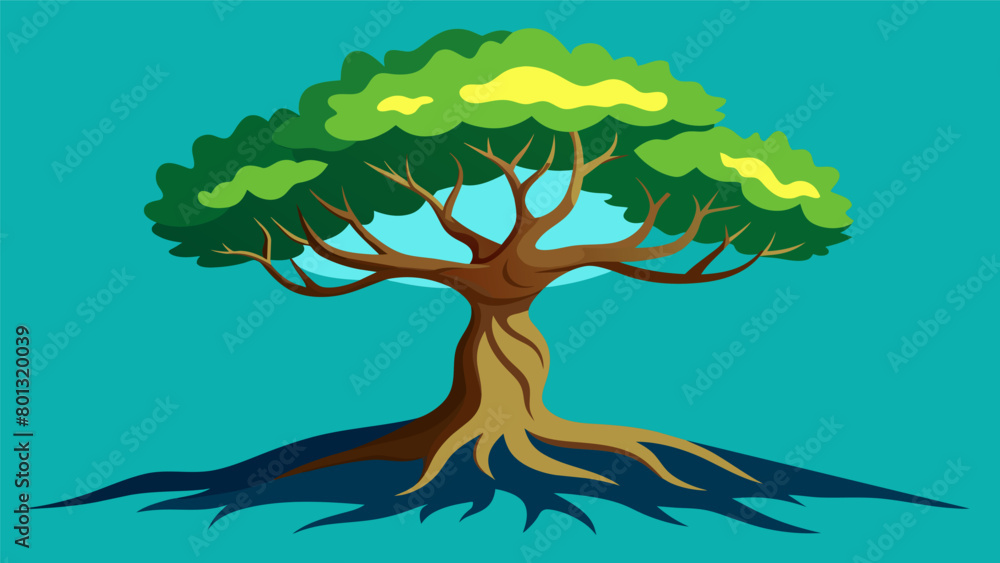 Poster a tree with gnarled twisted roots and a sy resilient trunk symbolizing the ability of wise investmen