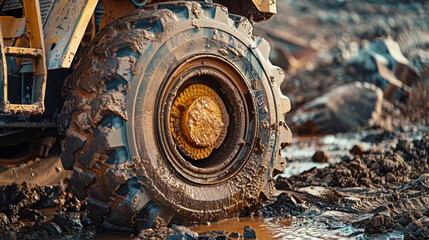 Fototapeta premium A giant truck with huge wheels bravely navigates through a muddy construction site, leaving deep tracks in its wake