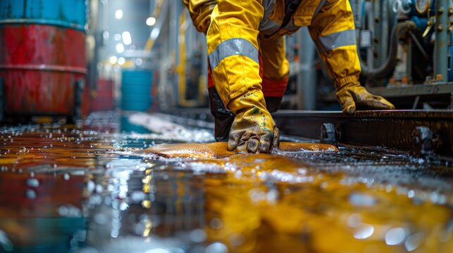 Absorbent Application: A real photo shot showcasing the application of absorbent materials, like sand or specialized pads, to absorb and contain spilled chemicals.