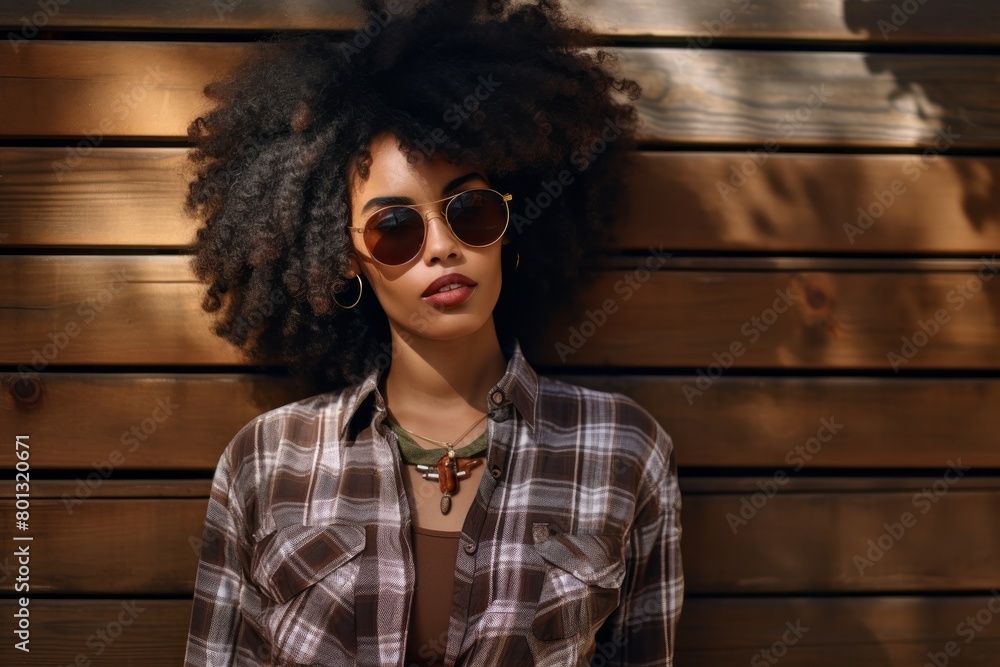 Wall mural Portrait of a tender afro-american woman in her 20s wearing a trendy sunglasses isolated on rustic wooden wall - Wall murals