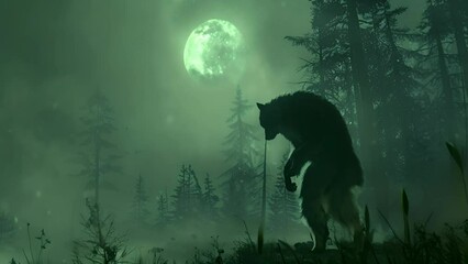 A werewolf transforming in a forest clearing, its silhouette outlined against the eerie glow of a full moon, capturing a moment of agonizing change - Powered by Adobe