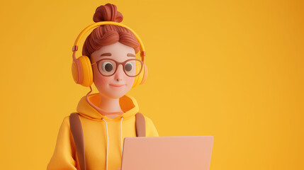 3d woman character with laptop and headphone on isolated yellow background